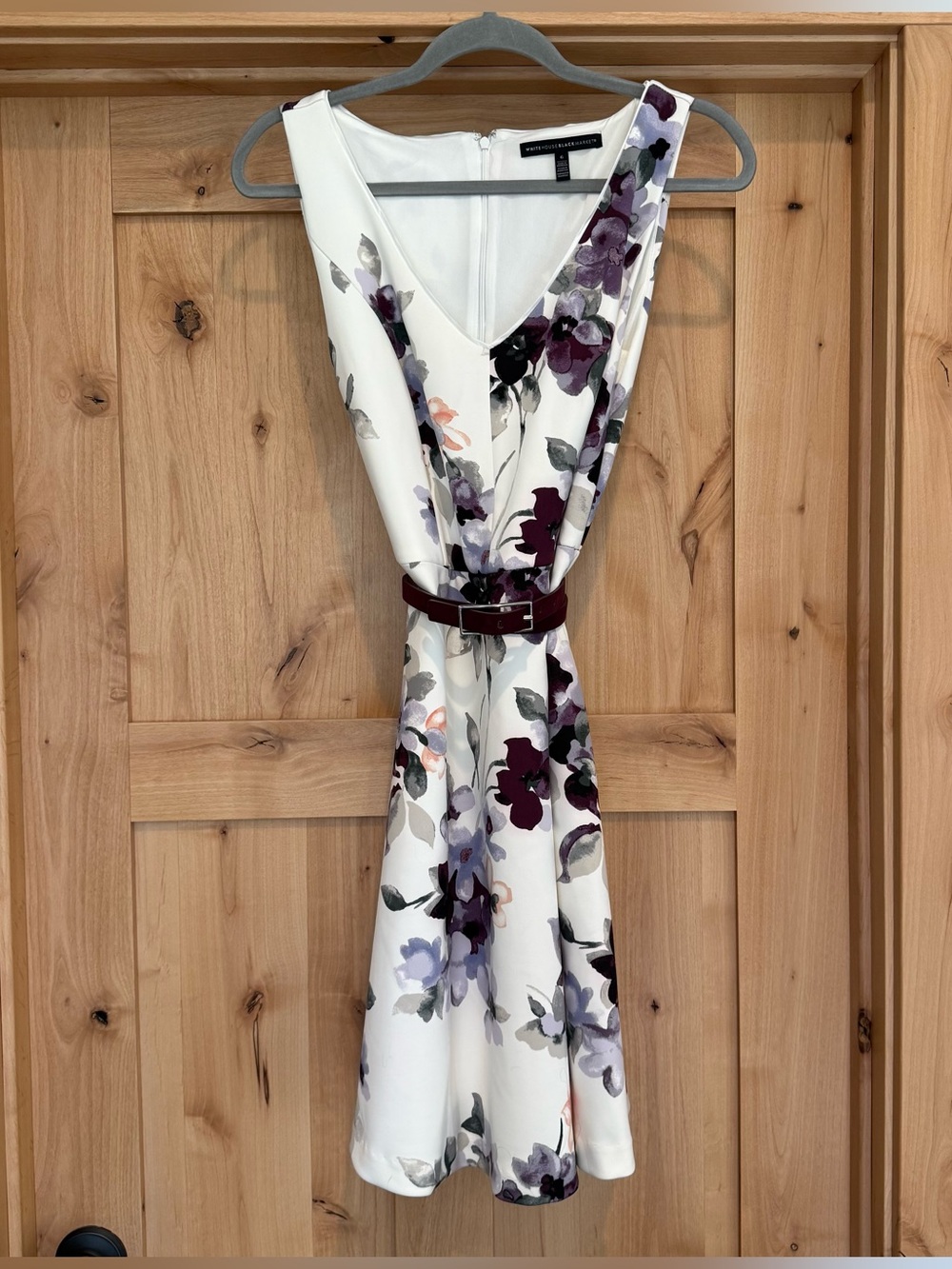 White House Black Market White Floral V-Neck Dress with Plum Accents